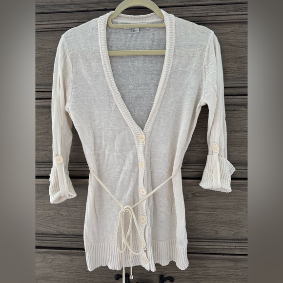 Ramie Belted Cardigan Lightweight Cream Knit Sweater Long Duster Ribbed Rayon - Picture 1 of 14